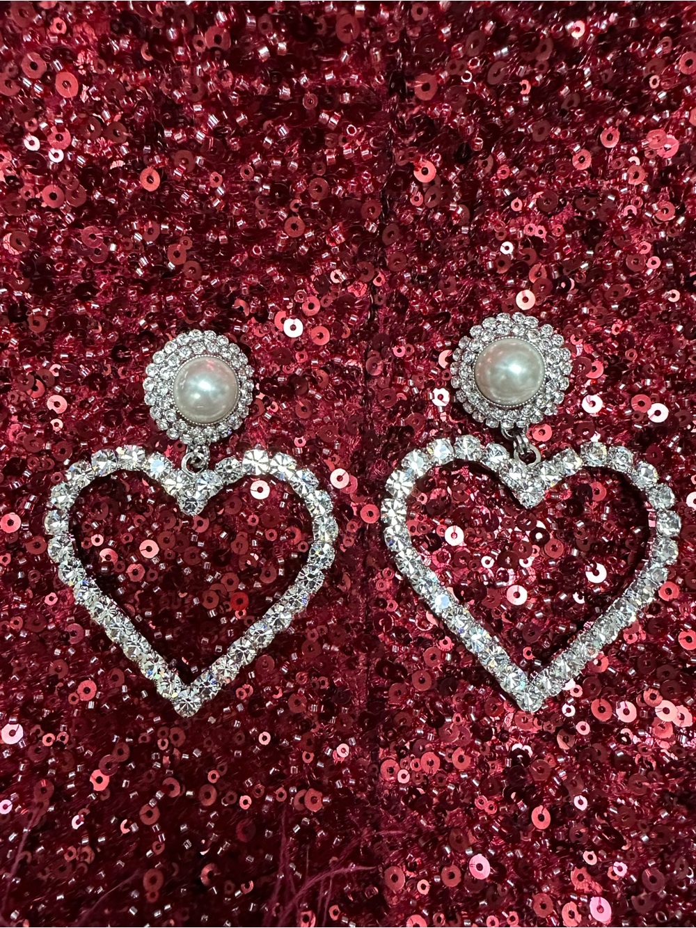 Alessandra Rich Pearl & Crystal Heart Drop Clip On Earrings - Silver Tone - NW